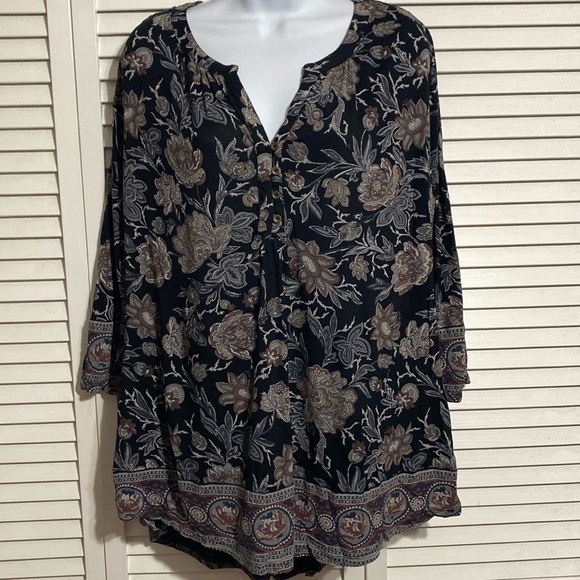 Lucky Brand Tops - Lucky Brand Womens Boho Top 1X Black Floral 3/4 Sleeve Cottagecore Peasant